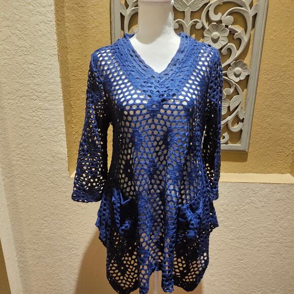 Sand & Spirit S Blue Crochet Pullover Boho Open Knit Sweater Tunic Artsy Chic - Picture 3 of 10